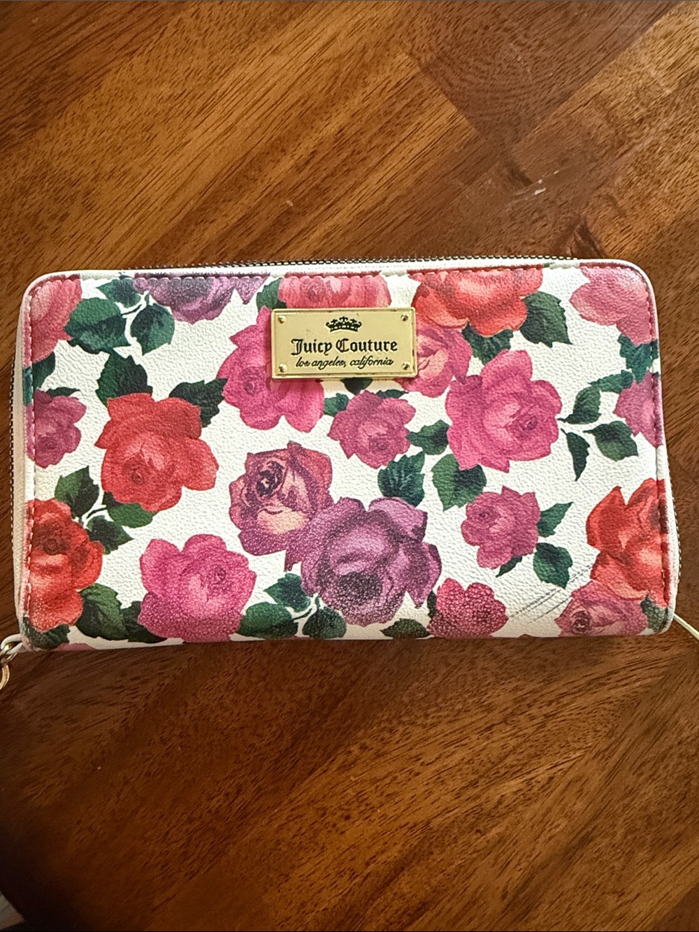 Juicy Couture Rose Print Zip-Around Wallet in Pink, Red & Purple